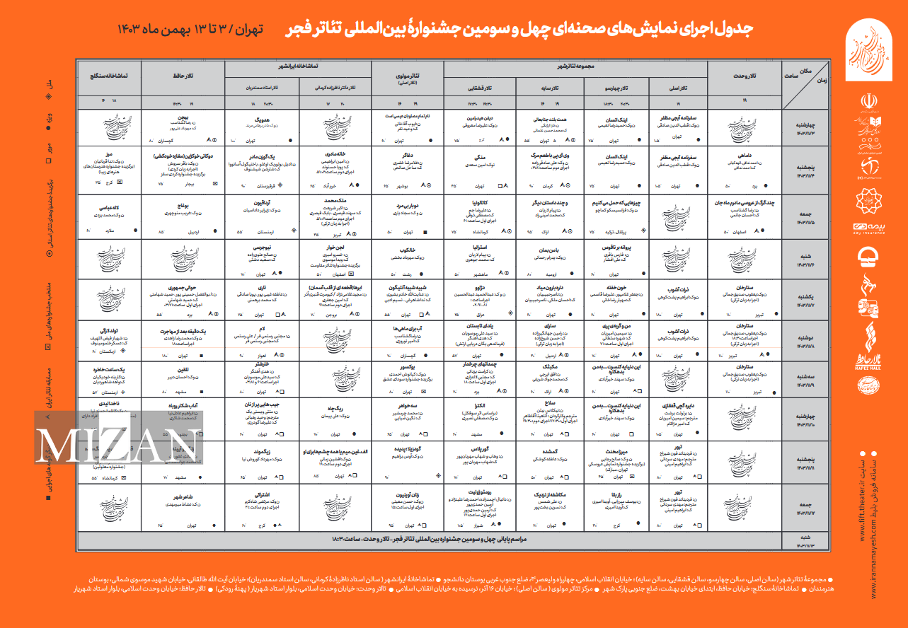 اعلام جدول اجرایی ۲ بخش نمایشهای صحنهای و خیابانی چهل و سومین جشنواره بین المللی تئاتر فجر اعلام جدول اجرایی ۲ بخش نمایشهای صحنهای و خیابانی چهل و سومین جشنواره بین المللی تئاتر فجر