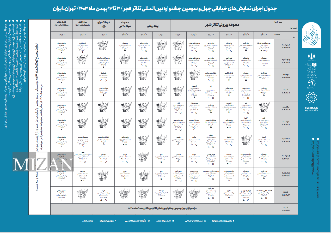 اعلام جدول اجرایی ۲ بخش نمایشهای صحنهای و خیابانی چهل و سومین جشنواره بین المللی تئاتر فجر اعلام جدول اجرایی ۲ بخش نمایشهای صحنهای و خیابانی چهل و سومین جشنواره بین المللی تئاتر فجر