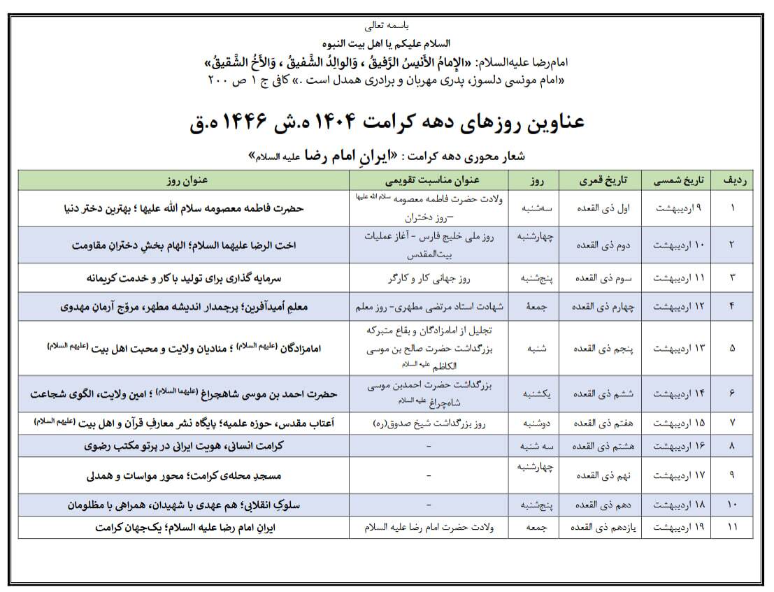 شعار محوری و عناوین روزهای دهه کرامت ۱۴۰۴ اعلام شد شعار محوری و عناوین روزهای دهه کرامت ۱۴۰۴ اعلام شد