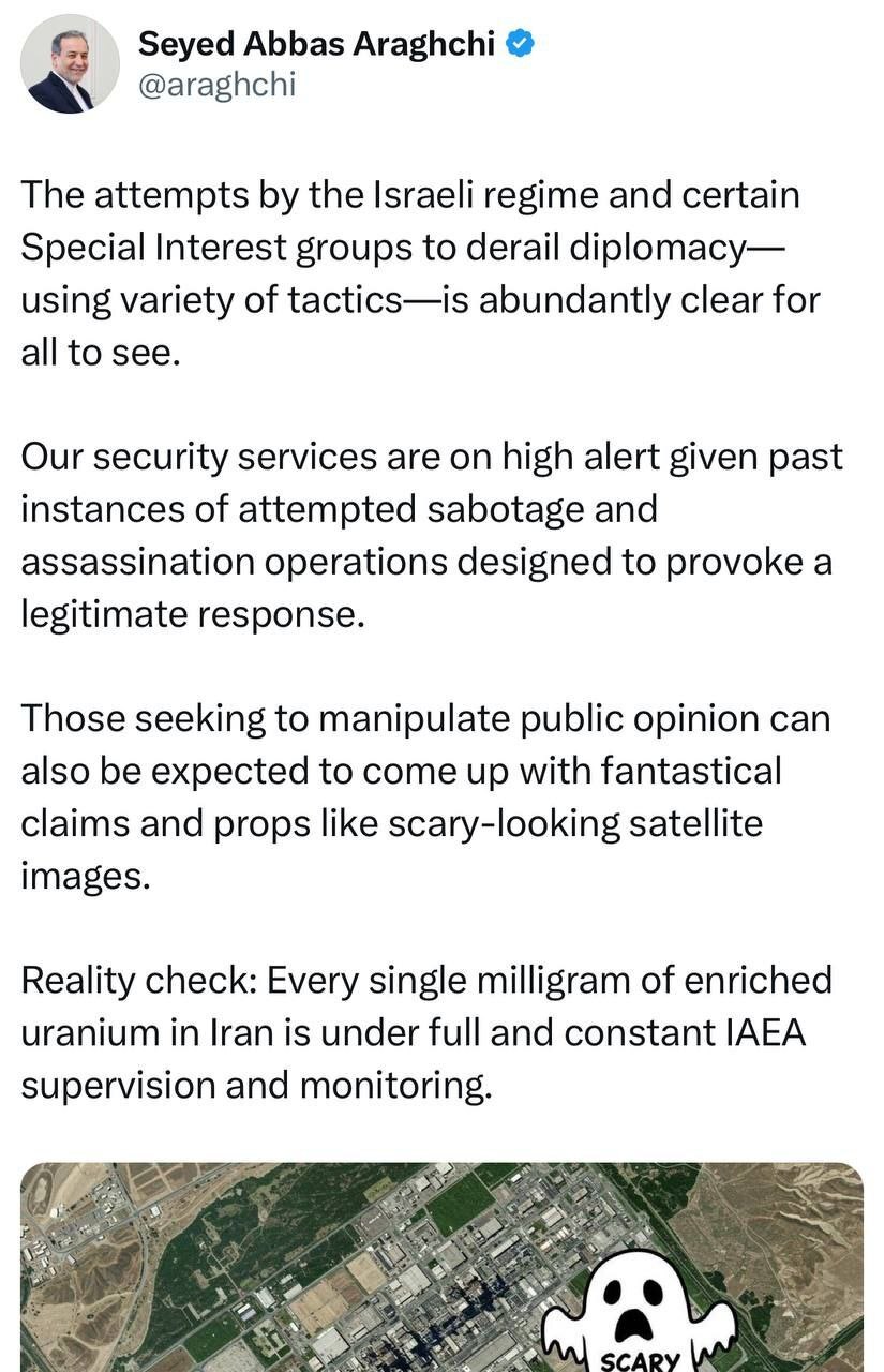 عراقچی: تلاشهای رژیم اسرائیل و برخی گروههای ذینفع برای منحرف کردن دیپلماسی کاملا واضح است عراقچی: تلاشهای رژیم اسرائیل و برخی گروههای ذینفع برای منحرف کردن دیپلماسی کاملا واضح است